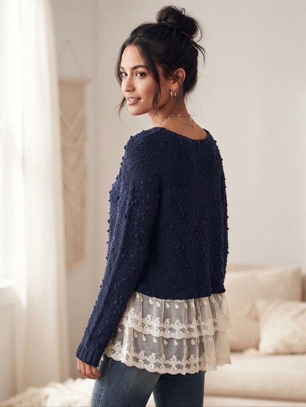 Monteau Navy Popcorn Knit Sweater with Cream Lace Tier